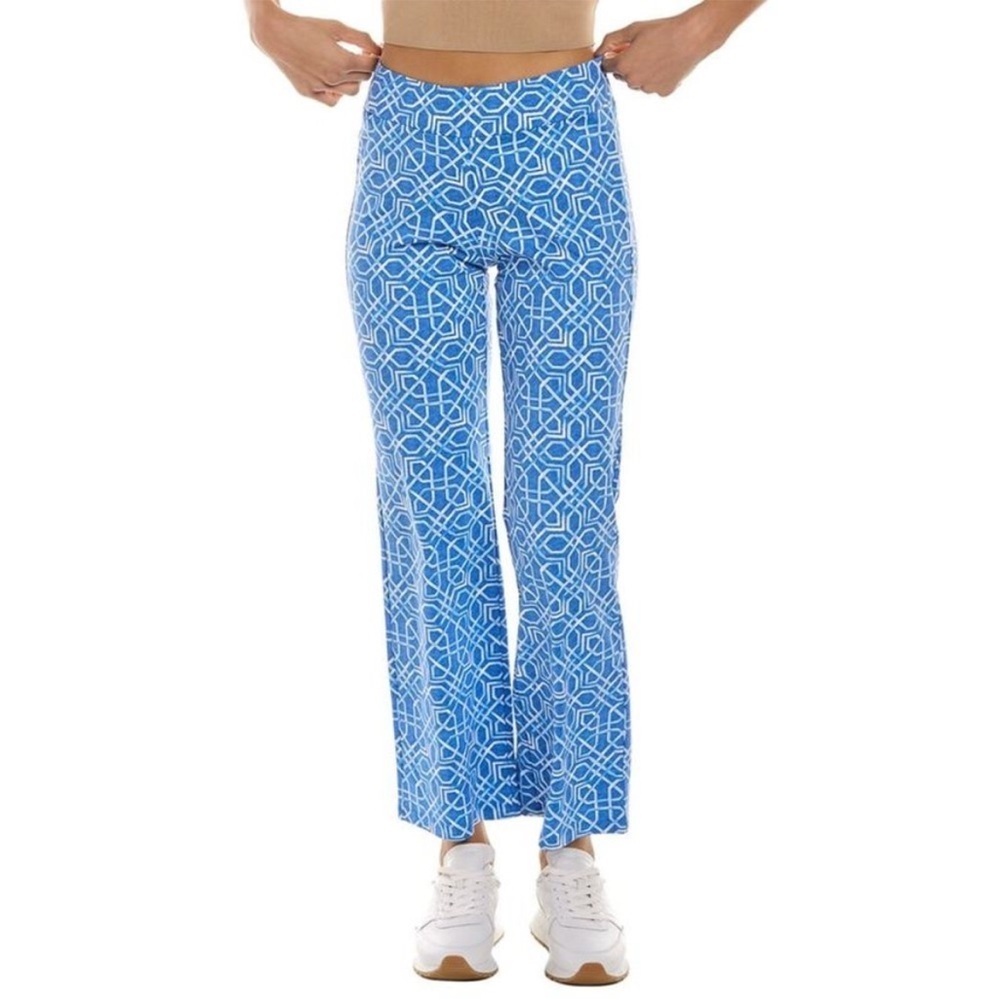 J. McLaughlin Carmel Cloth Stretch Pant In Navy/Blue Diamond Tile NWT Size Large